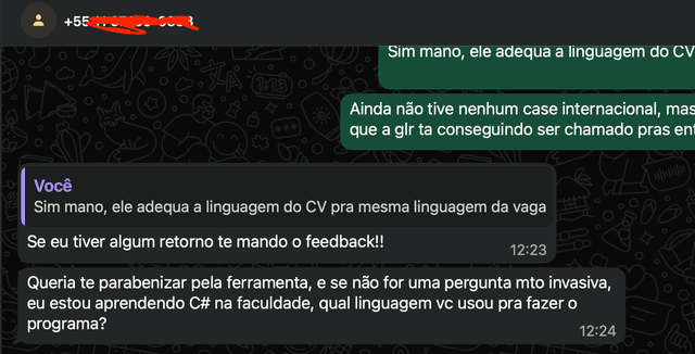 Conversa no WhatsApp sobre aprovação