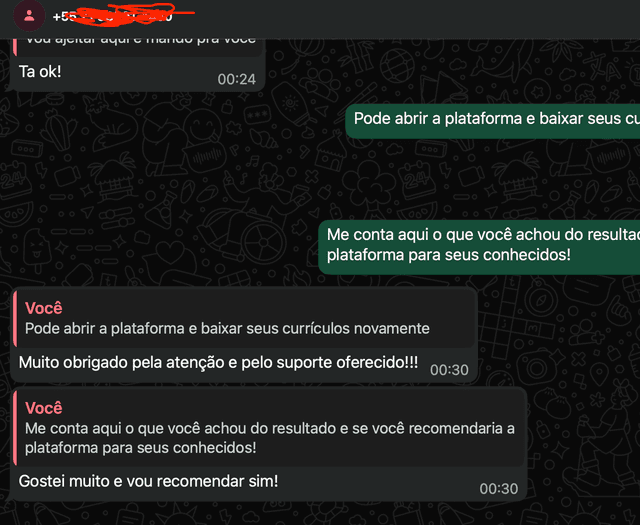 Usuário agradecendo por conseguir emprego