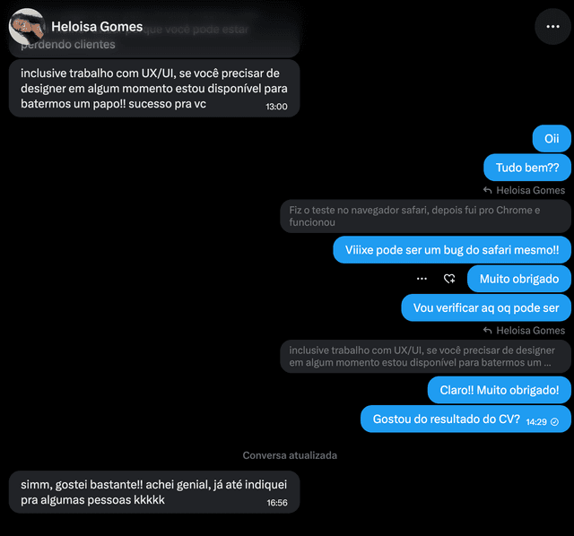 Depoimento no Twitter sobre o CvPorVaga