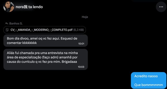 Nora aprovada após usar o CvPorVaga
