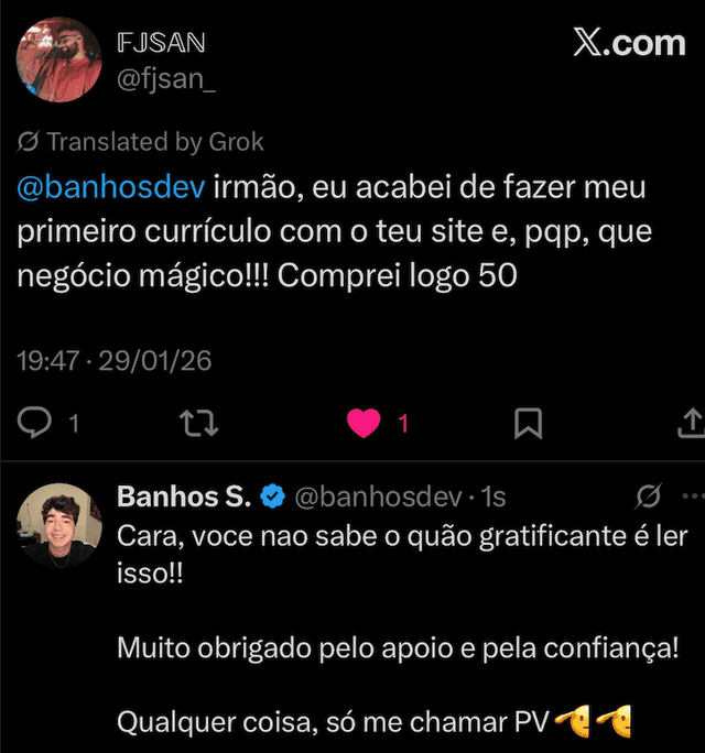 Depoimento de sucesso com CvPorVaga no Twitter