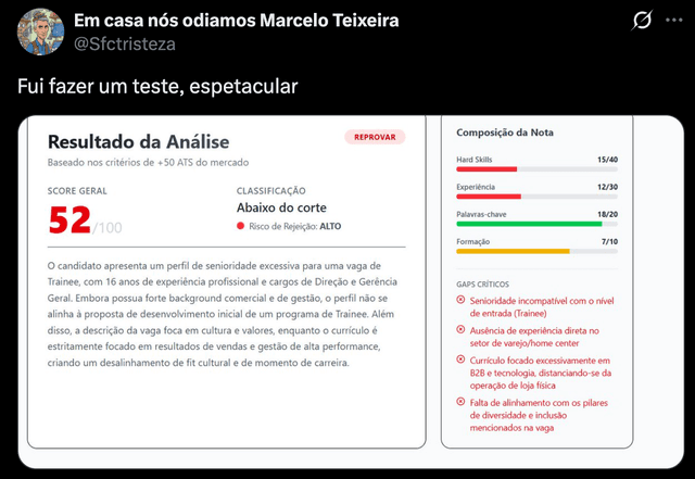 Relato de aprovação em processo seletivo no Twitter